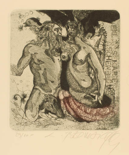 Exlibris by Leo Bednarik from Slovak Republic for Rosemarie Aschenbach - Fish Maritime Nude Couple 