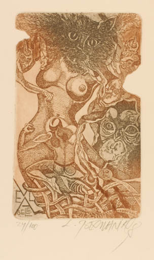 Exlibris by Leo Bednarik from Slovak Republic for Andreas Selle - Fauna Cat Woman Man Surrealism 