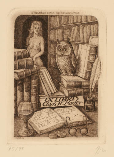 Exlibris by Andreas Raub from Germany for Claus P. Mader - Book Woman Nude Owl 