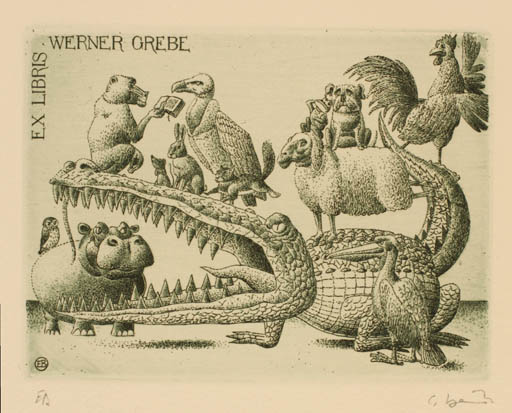 Exlibris by Erhard Beitz from Germany for Dr. Phil Werner Grebe - Fauna 