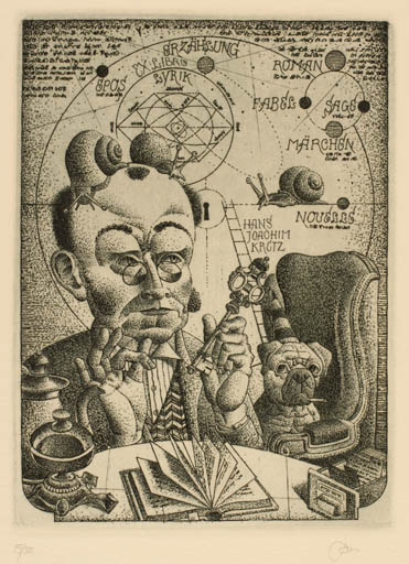 Exlibris by Erhard Beitz from Germany for Dr. Hans-Joachim Kretz - Book Dog Portrait Science 