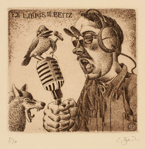 Exlibris by Erhard Beitz from Germany for Erhard Beitz - Fauna Bird Man Music 