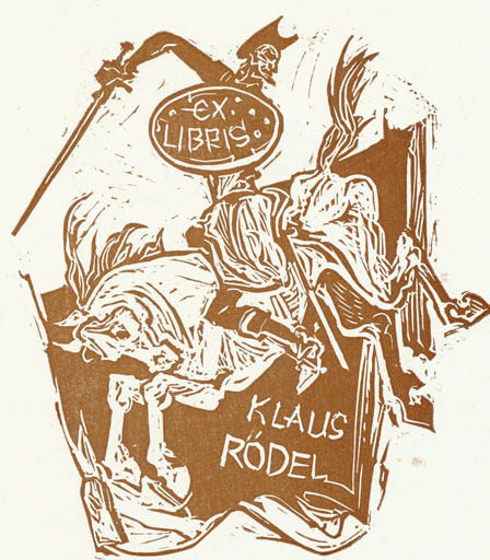 Exlibris by Jaroslav Vodrazka from Czechoslovakia for Klaus Rödel - Don Quijote Literature Horseman/Rider 