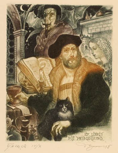 Exlibris by David Bekker from Ukraine for Joop & Jentien Peijnenburg - Interior Cat Literature Portrait 