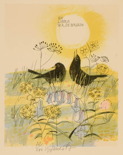 Exlibris by Karel Benes from Czech Republic for W.K. De Bruijn - Flower Bird Sun 