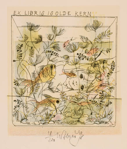 Exlibris by Karel Benes from Czech Republic for Isolde Kern - Child Fish 