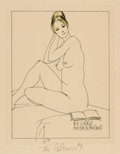 Exlibris by Karel Benes from Czech Republic for Dr. Rudolf Pribys - Book Woman Nude 