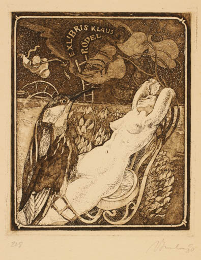 Exlibris by Augustinas Virgilijus Burba from Lithuania for Klaus Rödel - Bird Woman Nude 