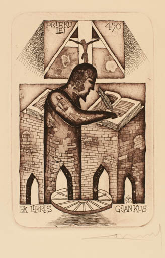 Exlibris by Alfonsas Cepaukas from Lithuania for G. Jankus - Book Man Religion 