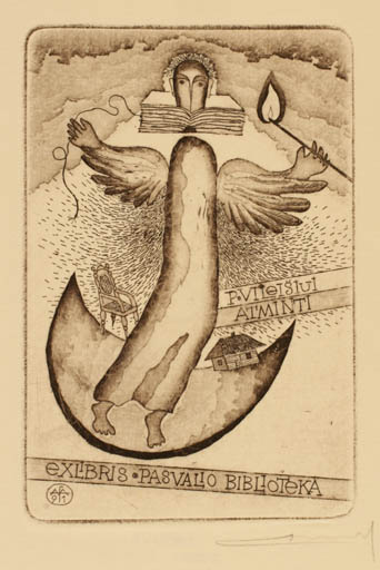 Exlibris by Alfonsas Cepaukas from Lithuania for ? Pasvalio Biblioteka - Angel Religion 