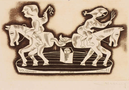 Exlibris by Alfonsas Cepaukas from Lithuania for Voldemaro Nijoles - Horse Couple 