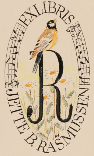 Exlibris by Knud Schriver from Denmark for Jette Braagaard Rasmussen - Flower Bird Music 