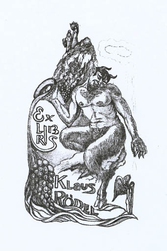 Exlibris by Olga Belov from Russia for Klaus Rödel - Fable Animal Pan/Faun Wine 