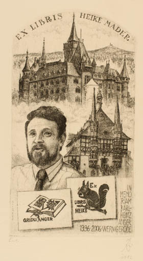 Exlibris by Andreas Raub from Germany for Heike Mader - Architecture Book Castle/Palace Portrait 