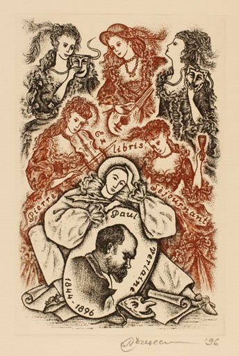 Exlibris by Natalija Chernetsova from Latvia for Pierre Sejournant - Group Woman Portrait Theater/Cirkus 