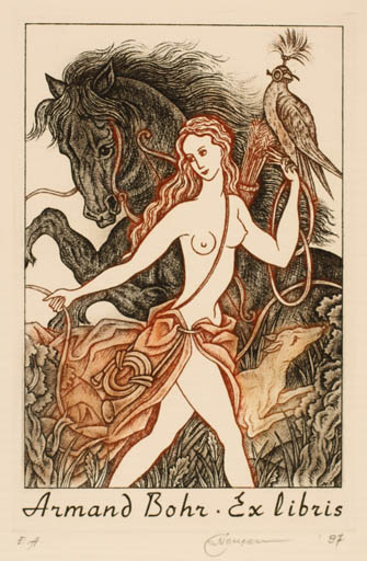 Exlibris by Natalija Chernetsova from Latvia for Armand Bohr - Bird Horse Dog Woman Mythology 