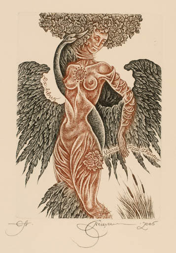 Exlibris by Natalija Chernetsova from Latvia for Marie Rose Theunis - Leda and the Swan 