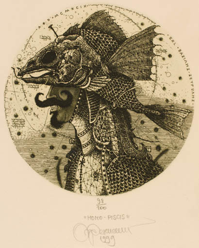 Exlibris by Oleg Denisenko from Ukraine for Vassiliki Zevgoli - Fish Portrait 