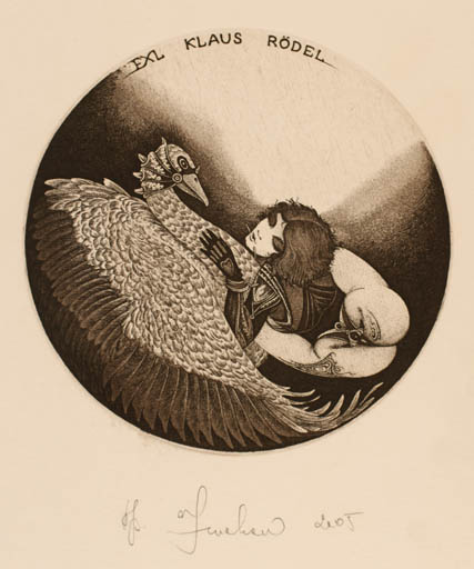 Exlibris by Vasyl Fenchak from Ukraine for Klaus Rödel - Leda and the Swan 