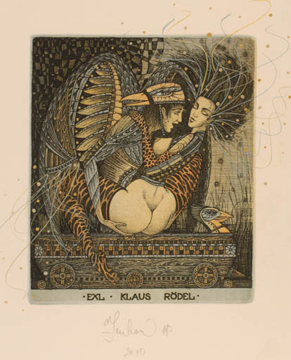 Exlibris by Vasyl Fenchak from Ukraine for Klaus Rödel - Leda and the Swan 