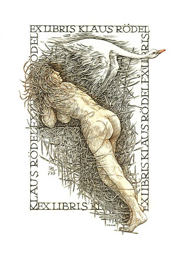 Exlibris by Henryk Feilhauer from Poland for Klaus Rödel - Leda and the Swan Mythology 