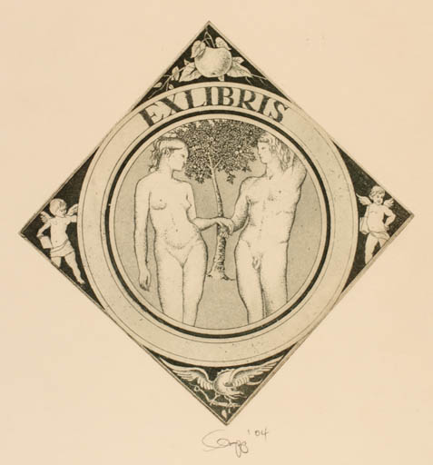 Exlibris by Olaf Gropp from Germany for ? ? - Adam and Eve Angel Fruit 