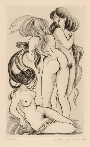 Exlibris by Claire Henault from France for Gordon P. Smith - Group Woman Nude 