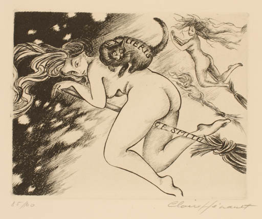 Exlibris by Claire Henault from France for G. F. Smith - Fairytale/fable Cat Woman Nude 