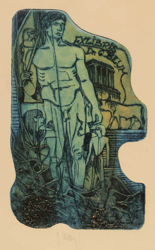 Exlibris by Pavel Hlavaty from Czechoslovakia for Dr. Gernot Blum - Man Nude Egypt 