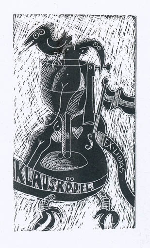 Exlibris by Erik Skjoldborg from Denmark for Klaus Rödel - Woman Wine 