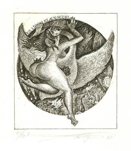 Exlibris by Vladimir Verechagin from Russia for Klaus Rödel - Erotica Leda and the Swan Mythology 