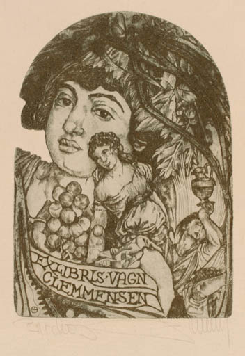 Exlibris by Pavel Hlavaty from Czechoslovakia for Vagn Åge Clemmensen - Classical antiquity Woman Portrait Wine 