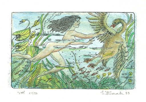 Exlibris by Jelena Kisseljowa from Russia for Klaus Rödel - Erotica Leda and the Swan Mythology 