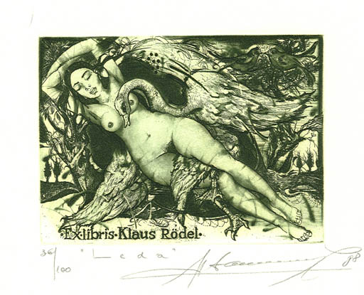 Exlibris by Sergiy Ivanov from Ukraine for Klaus Rödel - Erotica Leda and the Swan Mythology 