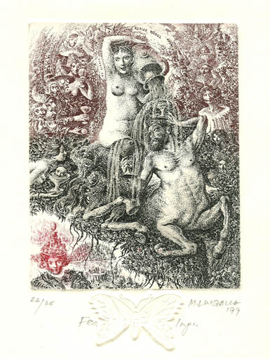 Exlibris by Marius Liugaila from Lithuania for Klaus Rödel - Fable Animal Woman Wine 