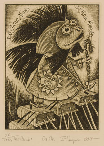 Exlibris by Sergej Hrapov from Ukraine for Artur Mario - Book Fish Sun Surrealism 