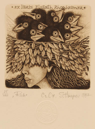 Exlibris by Sergej Hrapov from Ukraine for Elsbeth Rhonheimer - Bird Woman Portrait 