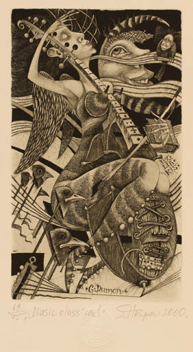 Exlibris by Sergej Hrapov from Ukraine for Georges Dumon - Bird Woman Music Surrealism 