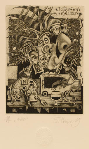 Exlibris by Sergej Hrapov from Ukraine for Georges Dumon - Portrait Surrealism Wine 