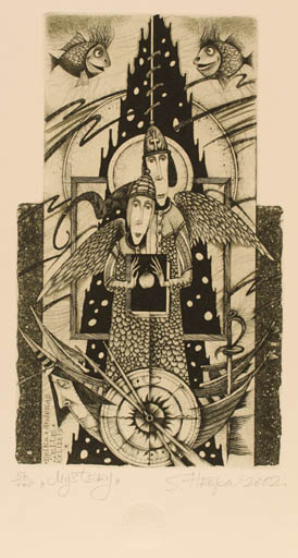 Exlibris by Sergej Hrapov from Ukraine for Erika & Andreas Selle - Angel Fish Woman Surrealism 