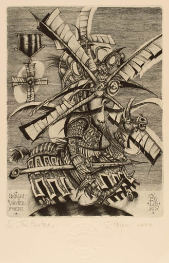 Exlibris by Sergej Hrapov from Ukraine for Gilbert Vandermoere - Don Quijote Mill Surrealism 