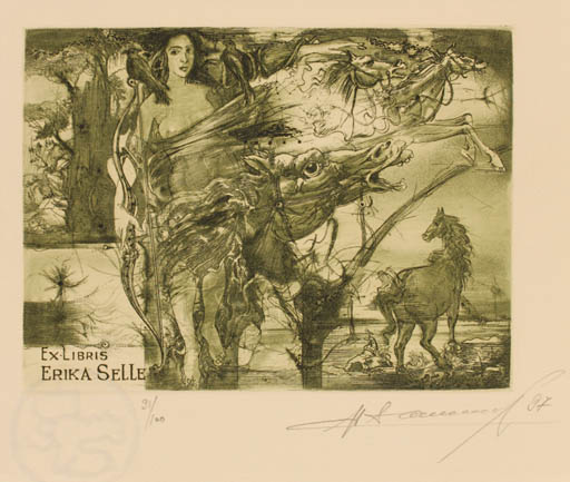 Exlibris by Sergiy Ivanov from Ukraine for Erika Selle - Horse Woman Mythology 