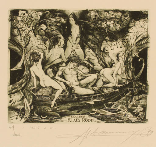 Exlibris by Sergiy Ivanov from Ukraine for Klaus Rödel - Group Nude Ship/Boat Wine 