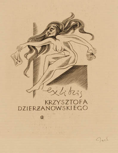 Exlibris by Wojciech Jakubowski from Poland for Krzysztof Dzierzanowski - Woman Nude 