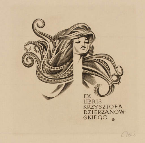 Exlibris by Wojciech Jakubowski from Poland for Krzysztof Dzierzanowski - Woman Portrait 