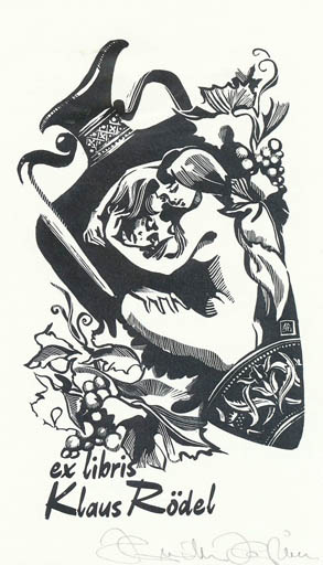 Exlibris by Hermina Horvath from Belgium for Klaus Rödel - Woman Romance Wine 