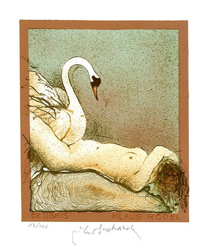 Exlibris by Vladimir Suchanek from Czechoslovakia for Klaus Rödel - Erotica Leda and the Swan Mythology 