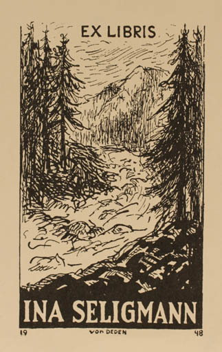 Exlibris by Erik Brønsdorff von Deden from Denmark for Ina Seligmann - Mountain Scenery/Landscape Tree 