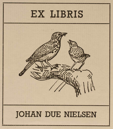 Exlibris by Johannes Larsen from Denmark for Johan Due Nielsen - Bird 