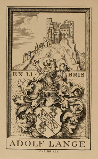 Exlibris by Johannes Britze from Denmark for Adolf Lange - Castle/Palace Heraldry 